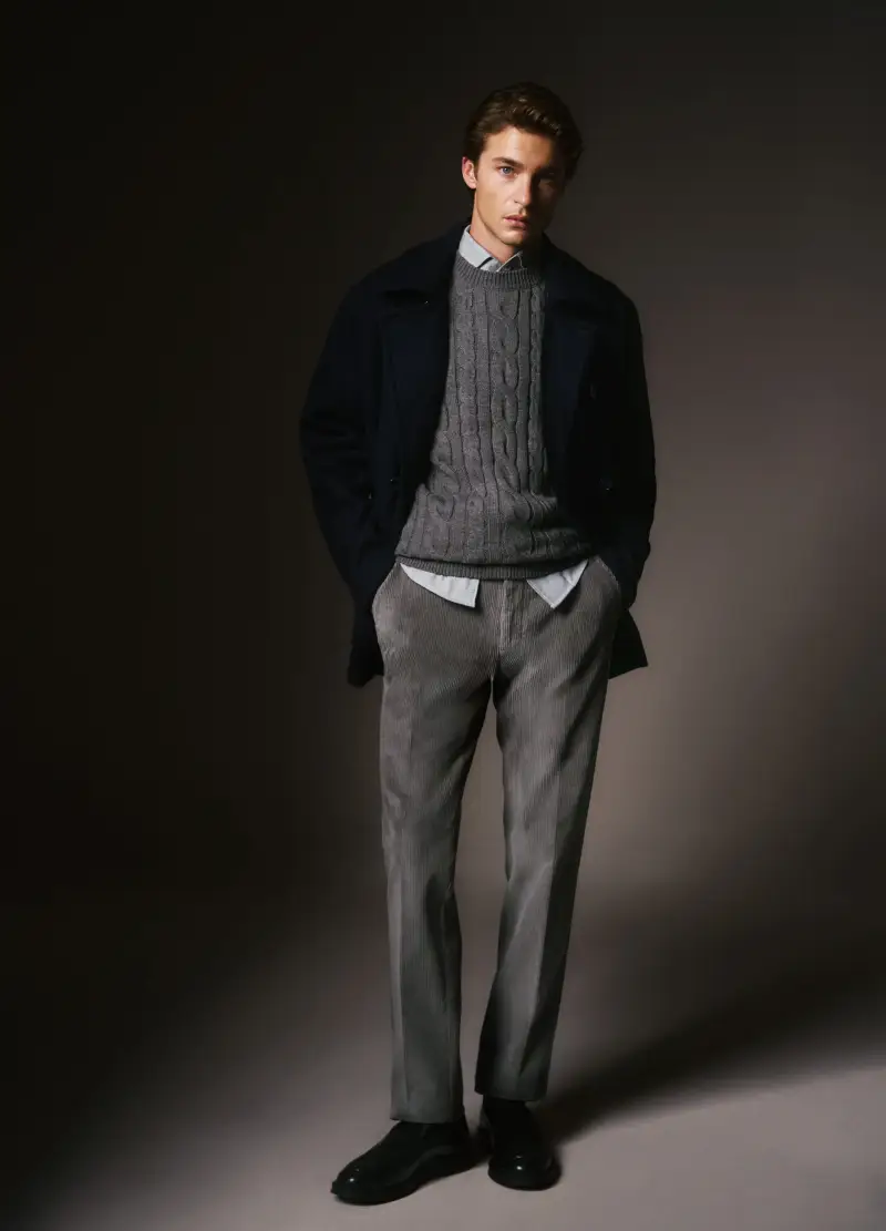 Maglione Girocollo Grigio Scuro Con Lavorazione A Trecce In Misto Lana, Uomo, Grigio