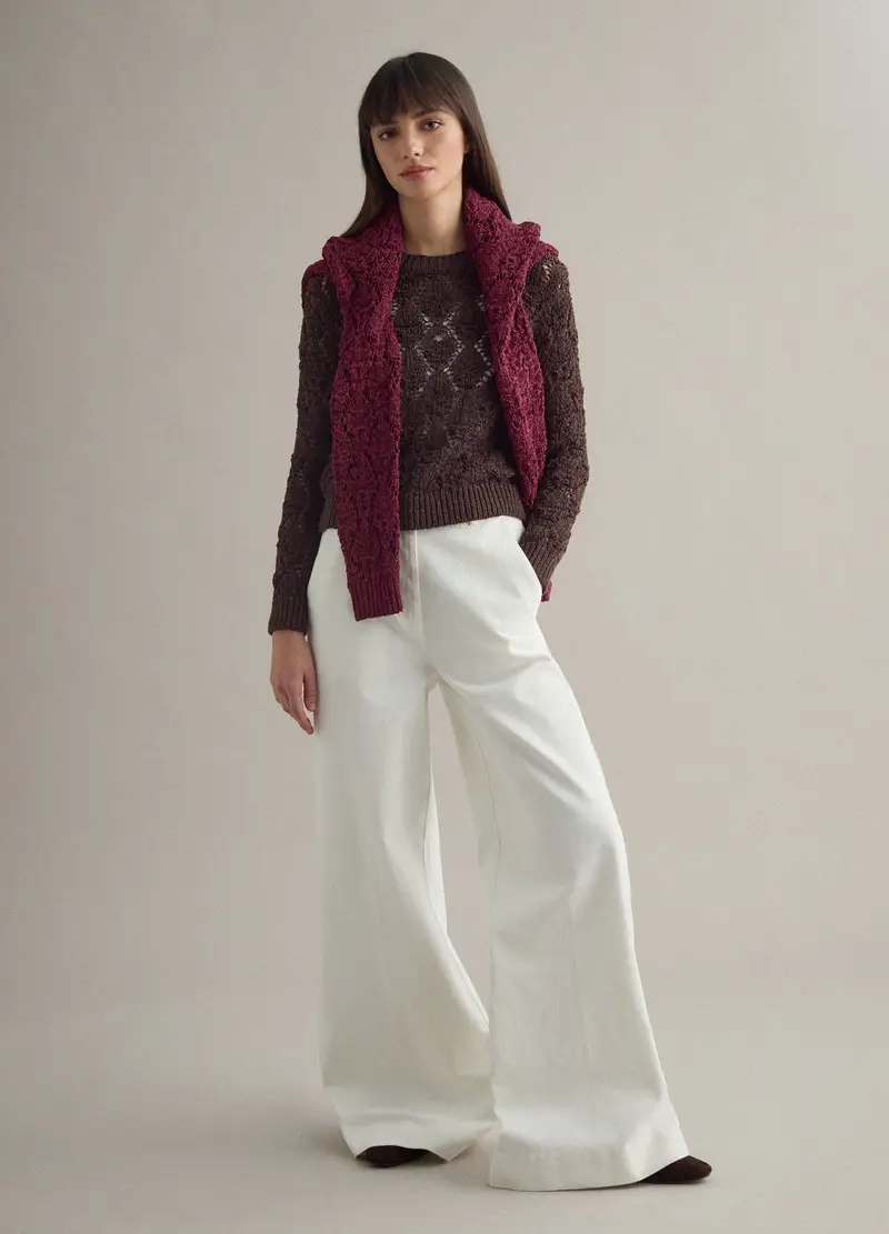 Maglione In Misto Cotone Marrone Regular Fit Con Motivo A Maglia, Donna, Marrone miniatura 2