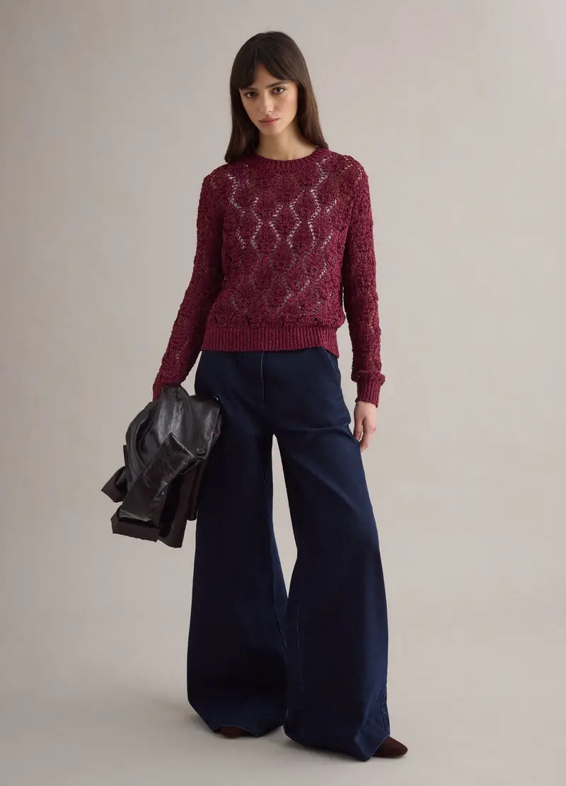 Maglione In Misto Cotone Rosso Regular Fit Con Motivo A Maglia, Donna, Rosso miniatura 2