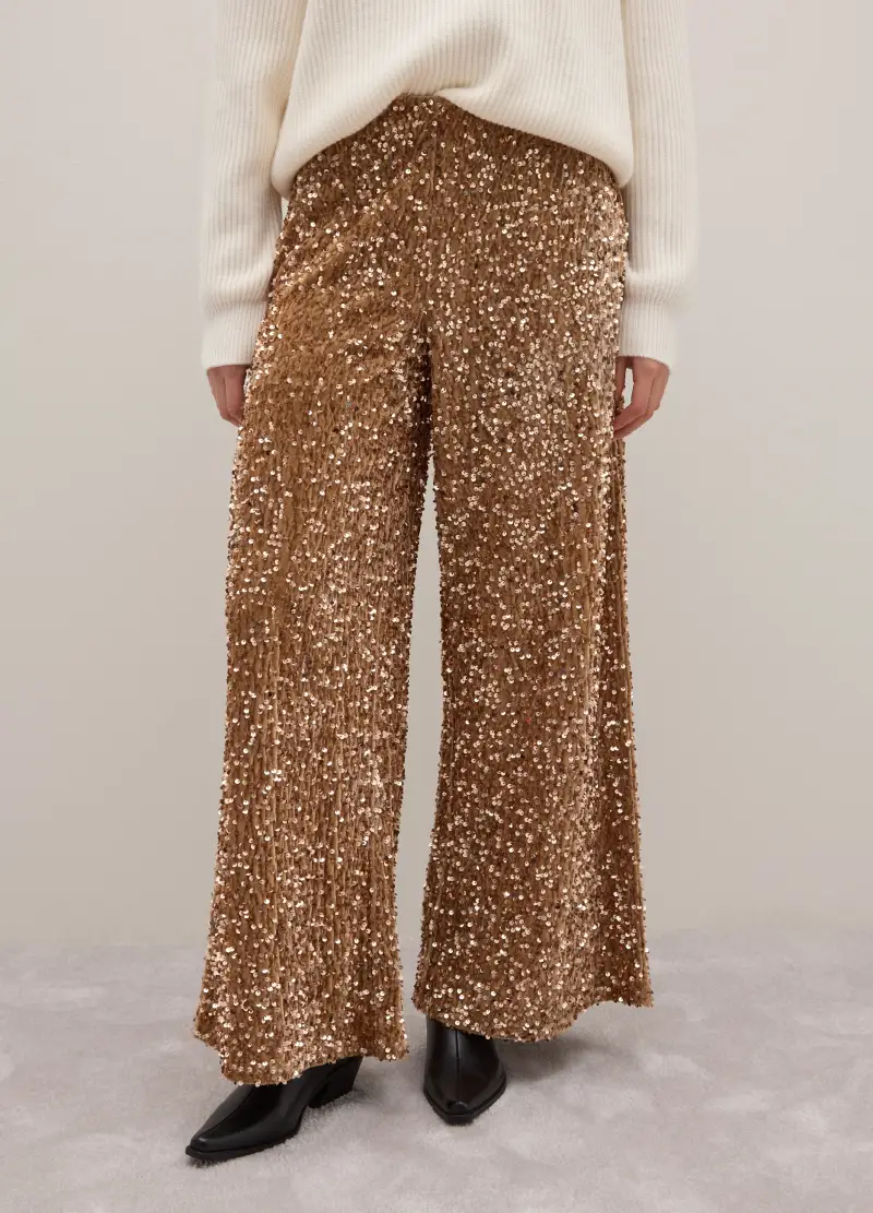 Pantaloni A Palazzo Beige Con Paillettes, Donna, Beige miniatura 2