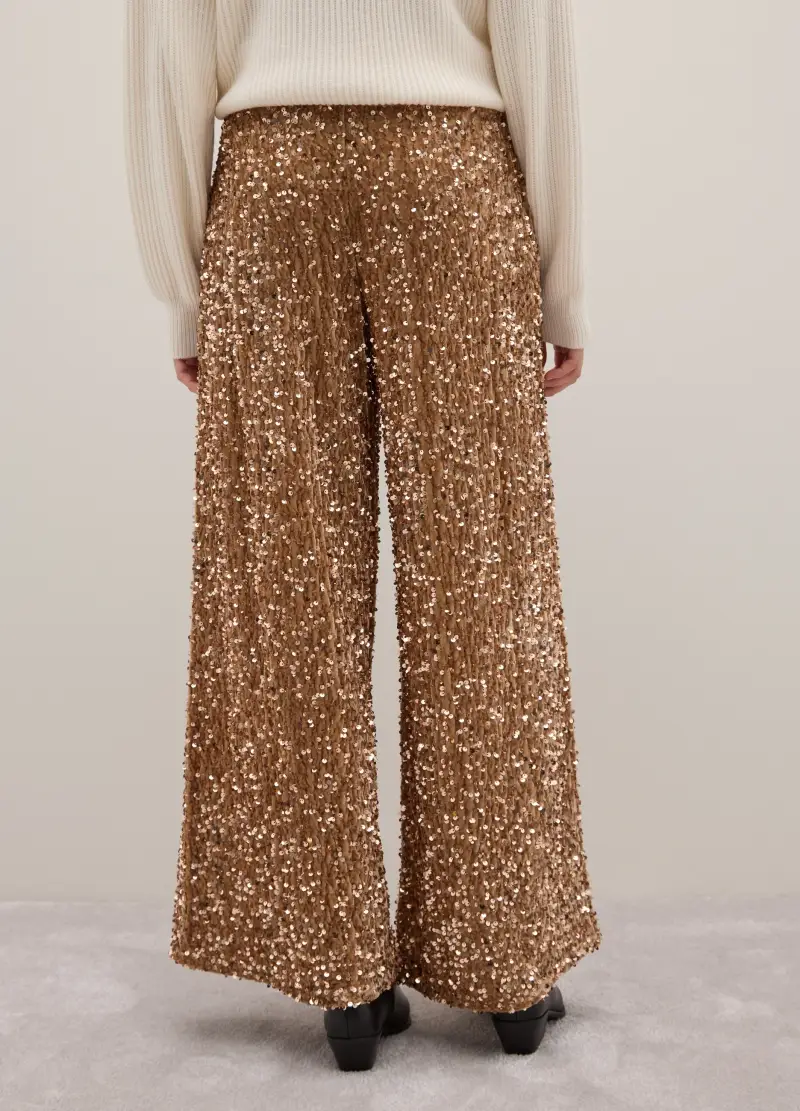 Pantaloni A Palazzo Beige Con Paillettes, Donna, Beige miniatura 3
