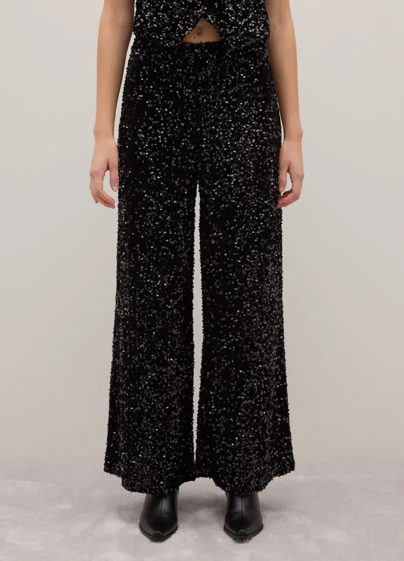 Pantaloni A Palazzo Neri Con Paillettes, Donna, Nero miniatura 2