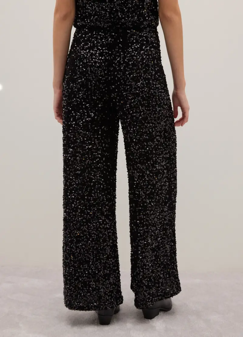 Pantaloni A Palazzo Neri Con Paillettes, Donna, Nero miniatura 3