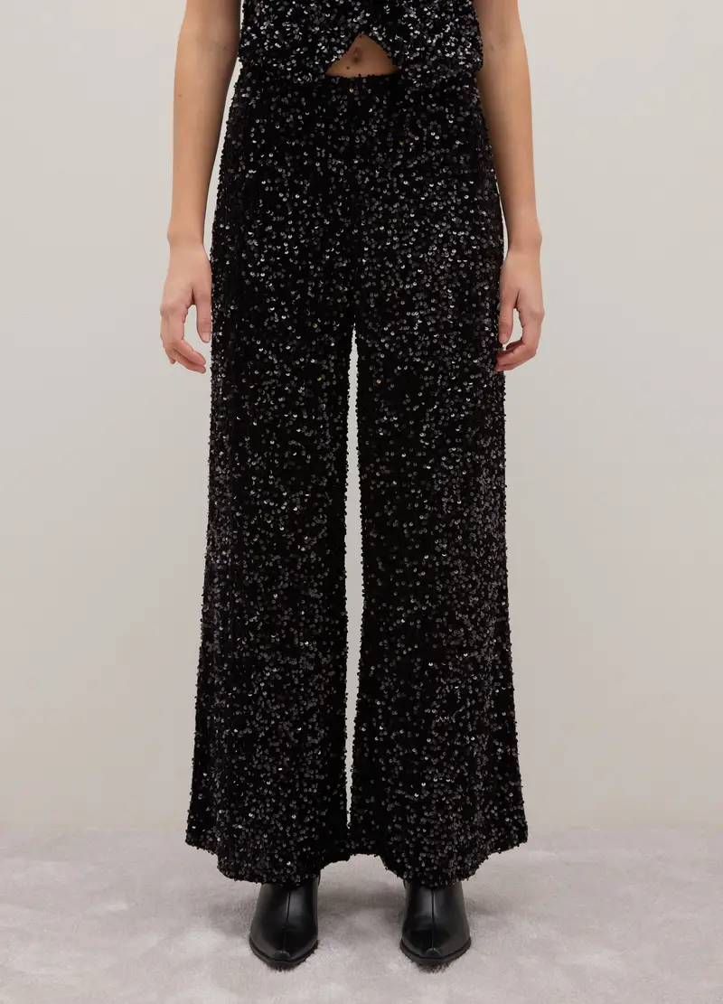 Pantaloni A Palazzo Neri Con Paillettes, Donna, Nero miniatura 2