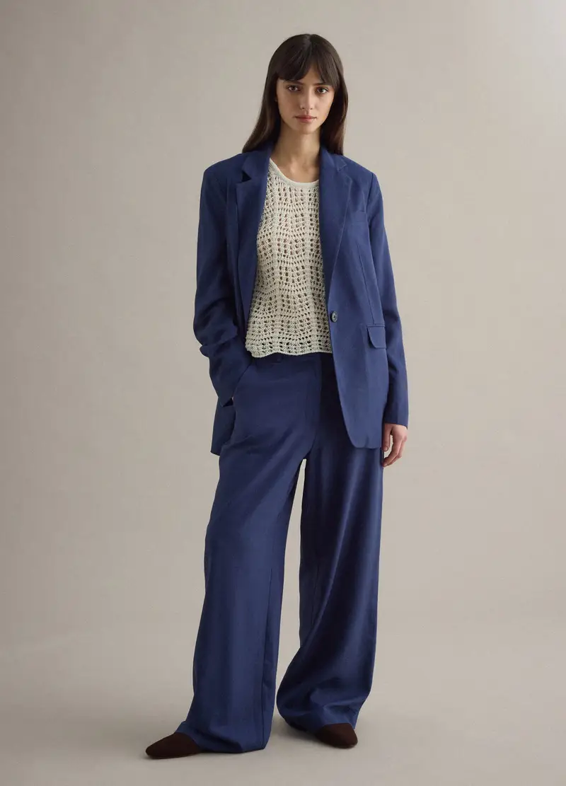 Pantaloni Chino Dritti In Misto Viscosa E Lino Blu Regular Fit, Donna, Blu