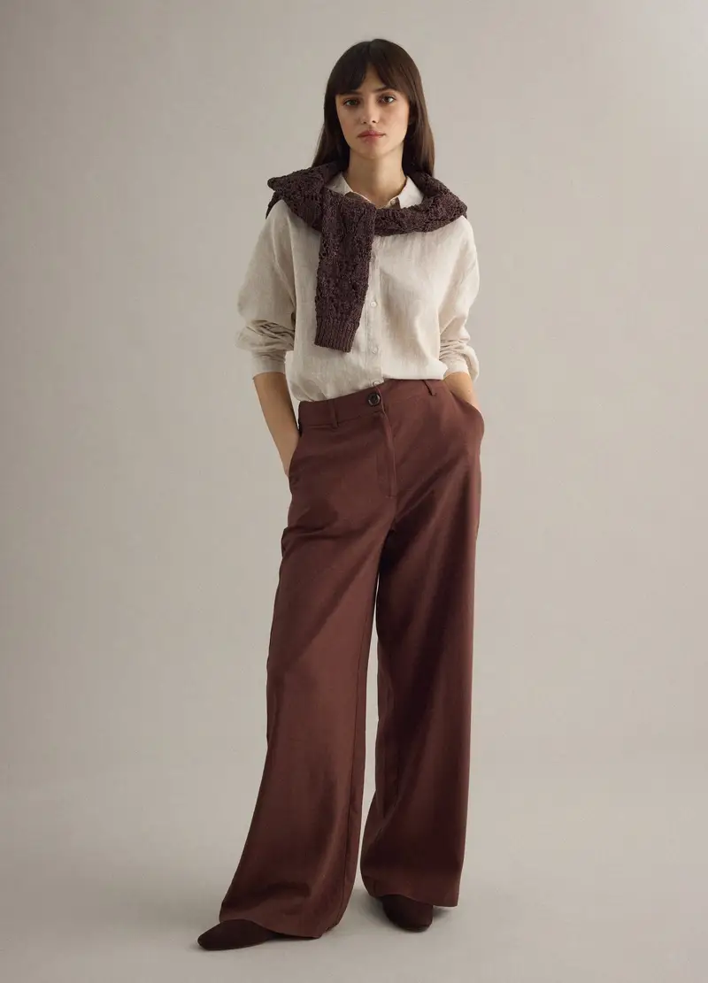 Pantaloni Chino Dritti In Misto Viscosa E Lino Marroni Regular Fit, Donna, Marrone