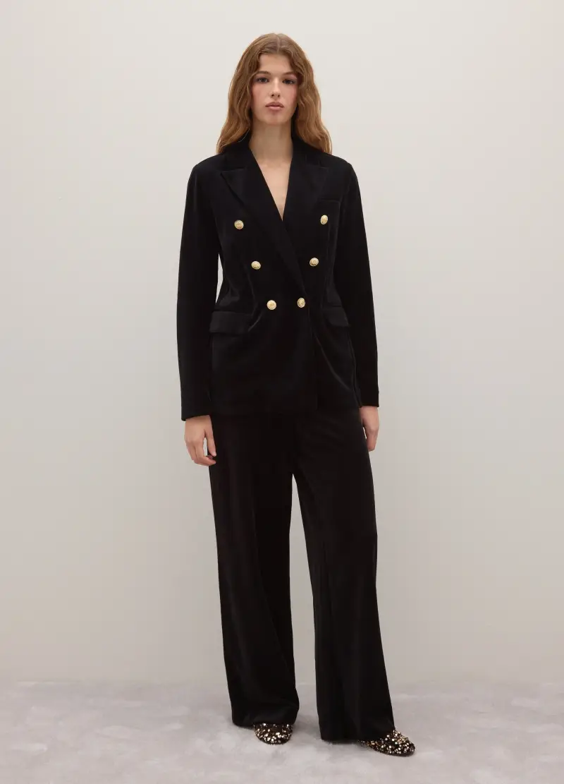 Pantaloni In Misto Cotone E Velluto Neri Regular Fit, Donna, Nero