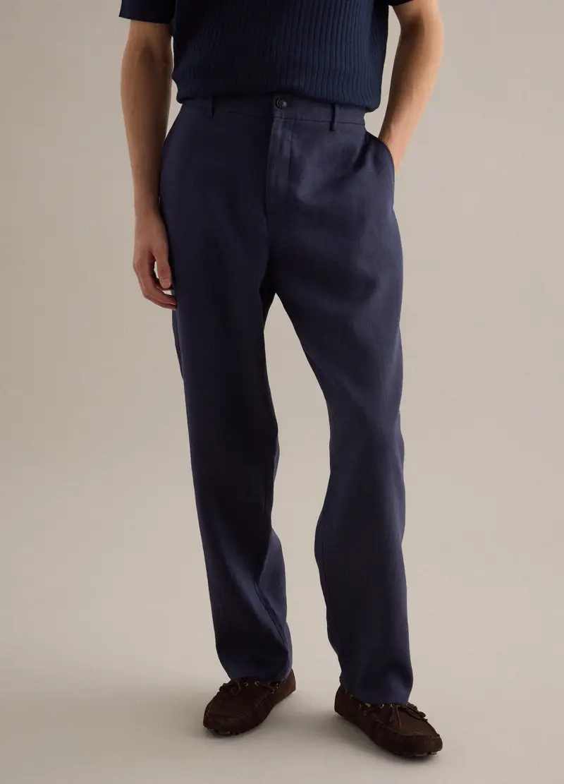 Pantaloni In Puro Lino Blu Regular Fit, Uomo, Blu miniatura 2