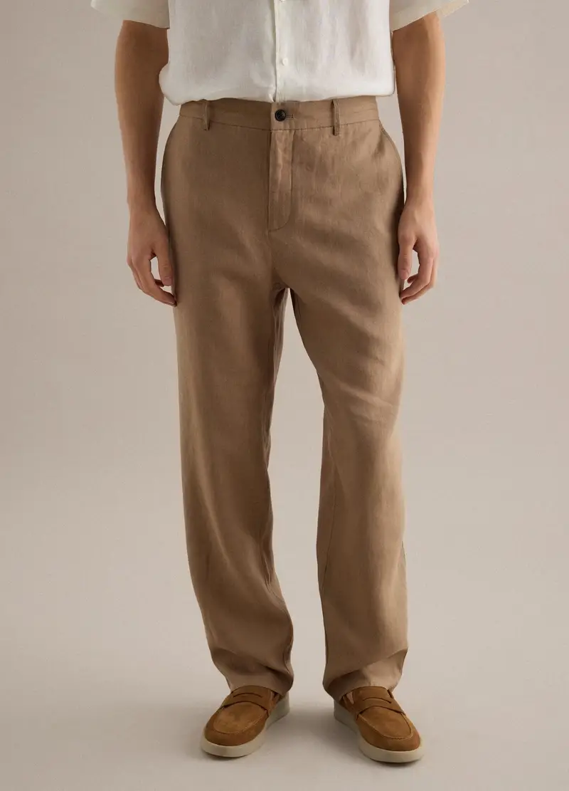 Pantaloni In Puro Lino Marroni Regular Fit, Uomo, Marrone miniatura 2