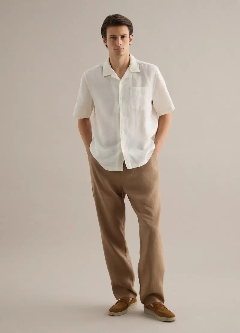 Pantaloni In Puro Lino Marroni Regular Fit, Uomo, Marrone