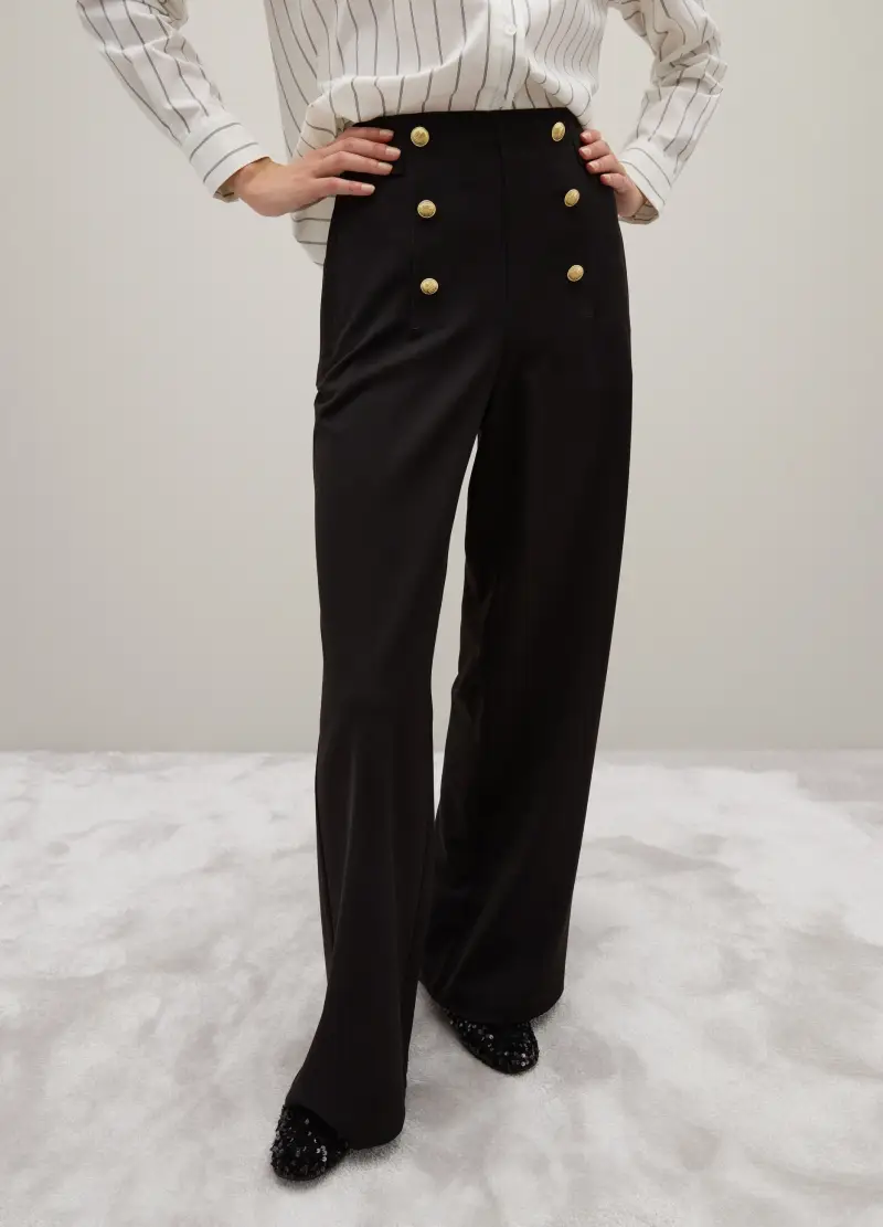 Pantaloni Neri Flare Con Bottoni, Donna, Nero miniatura 2