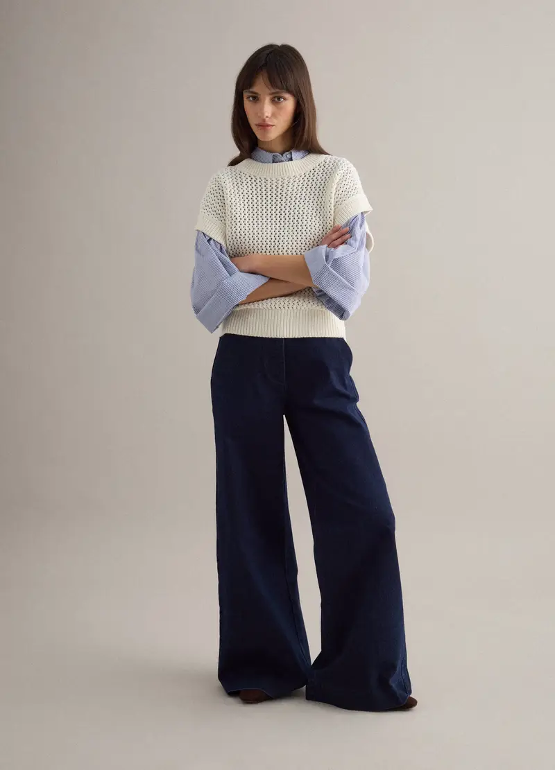 Pantaloni Wide Leg In Denim Elasticizzato Blu, Donna, Blu miniatura 2