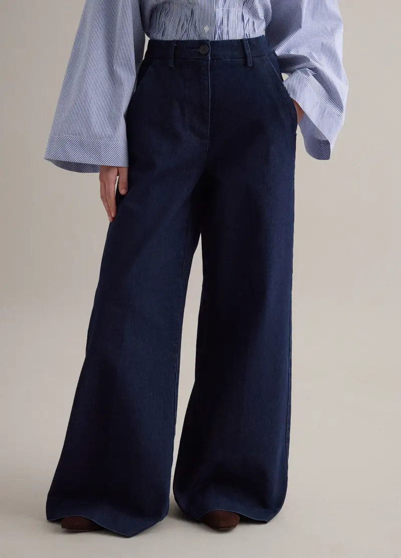 Pantaloni Wide Leg In Denim Elasticizzato Blu, Donna, Blu miniatura 3