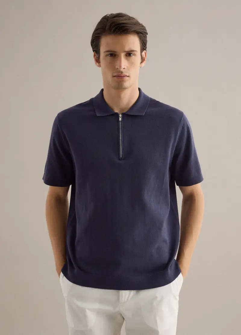 Polo A A Maniche Corte In Puro Cotone Blu Regular Fit Con Zip, Uomo, Blu