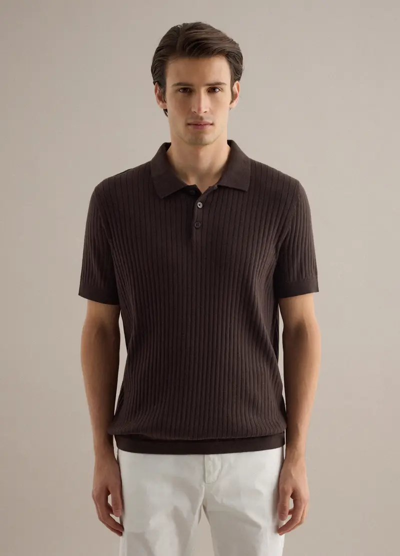 Polo A Maniche Corte In Puro Cotone Marrone A Righe Regular Fit, Uomo, Marrone miniatura 3