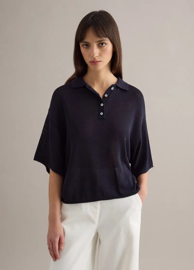Polo Blu Regular Fit Con Maniche Al Gomito, Donna, Blu