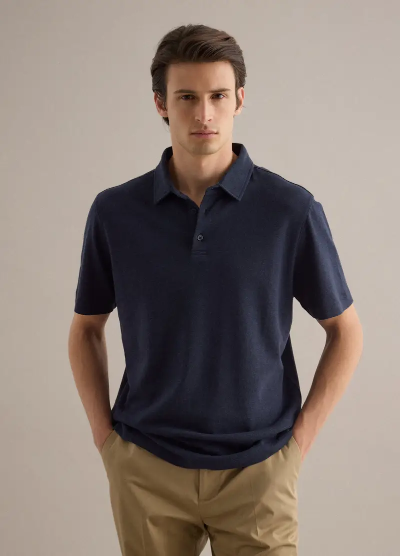 Polo In Misto Lino E Cotone Blu Regular Fit, Uomo, Blu