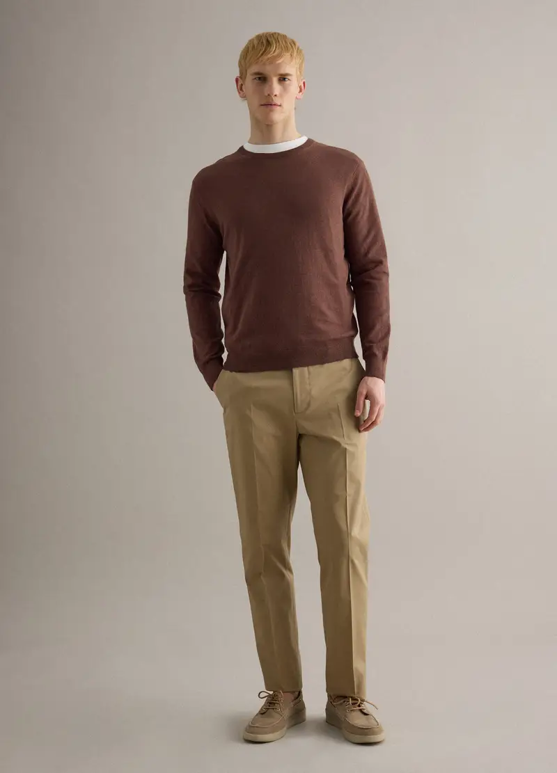 Pullover Girocollo In Cotone E Lino Marrone Regular Fit, Uomo, Marrone miniatura 2