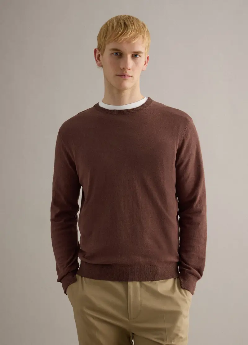 Pullover Girocollo In Cotone E Lino Marrone Regular Fit, Uomo, Marrone miniatura 3