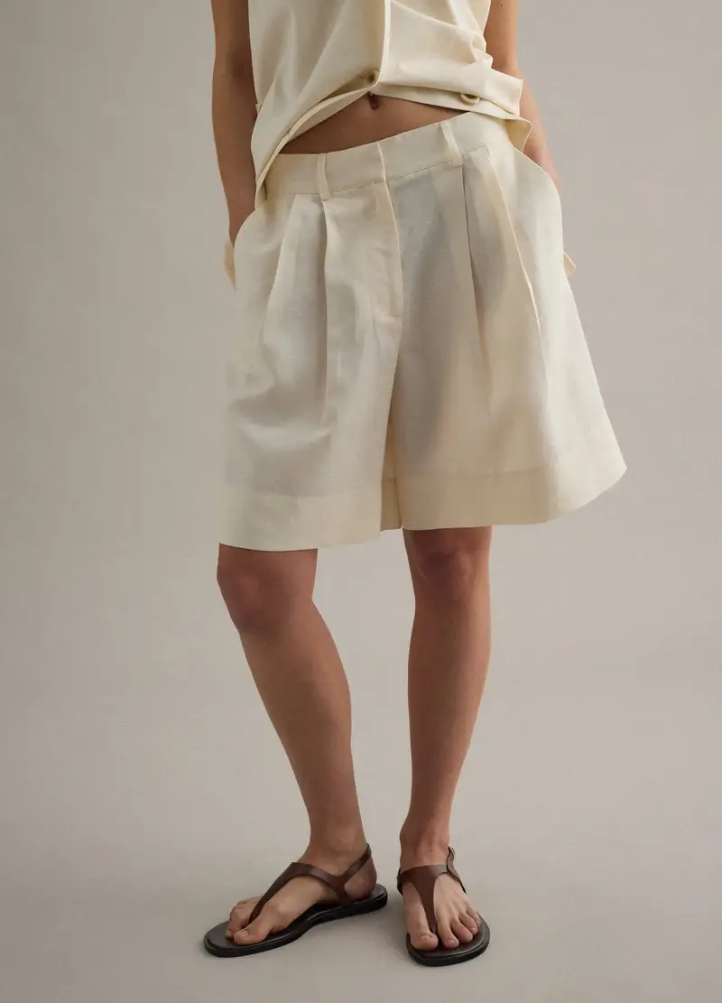 Shorts In Misto Lyocell E Lino Beige Regular Fit, Donna, Beige miniatura 2