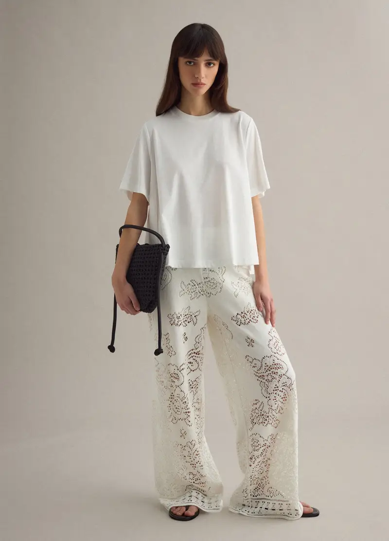 T-shirt A Maniche Corte In Misto Cotone Bianca Regular Fit, Donna, Bianco miniatura 2