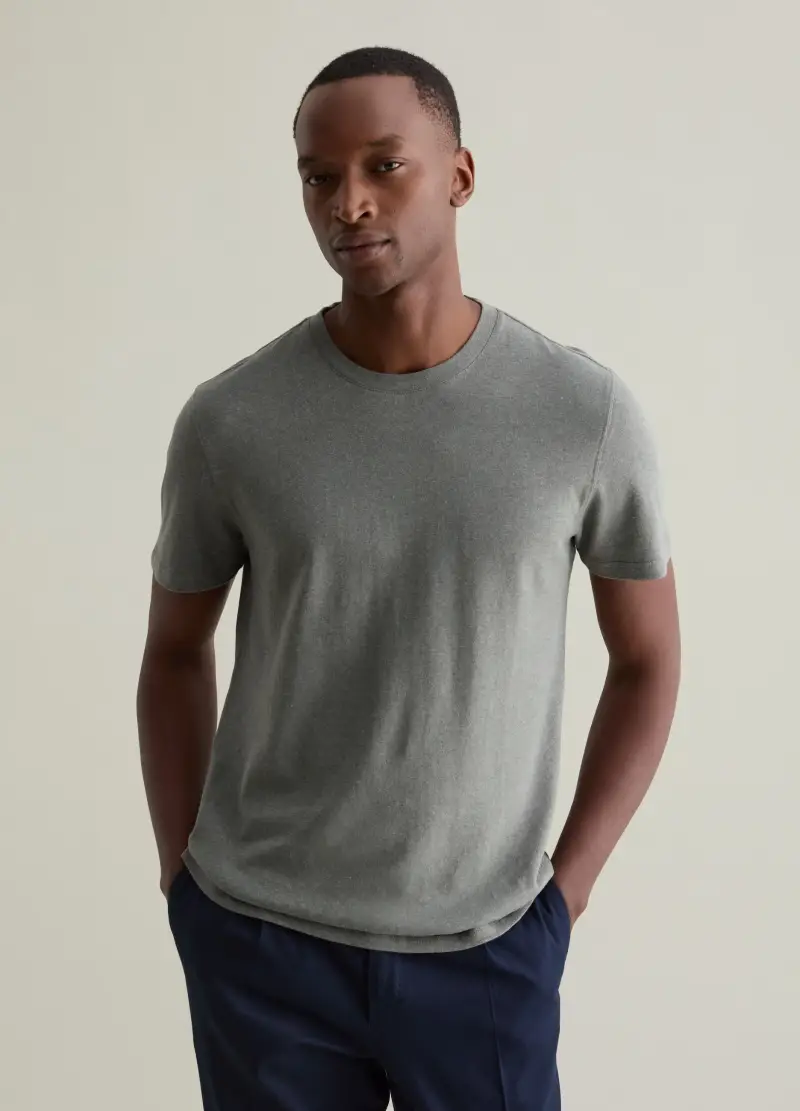 T-shirt Girocollo In Lino E Cotone, Uomo, Grigio