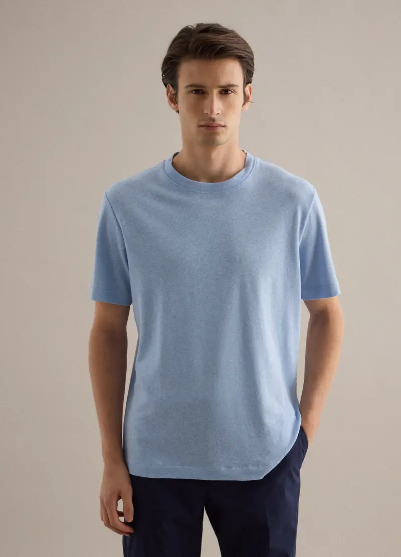 T-shirt In Misto Lino E Cotone Azzurra Regular Fit, Uomo, Azzurro miniatura 3