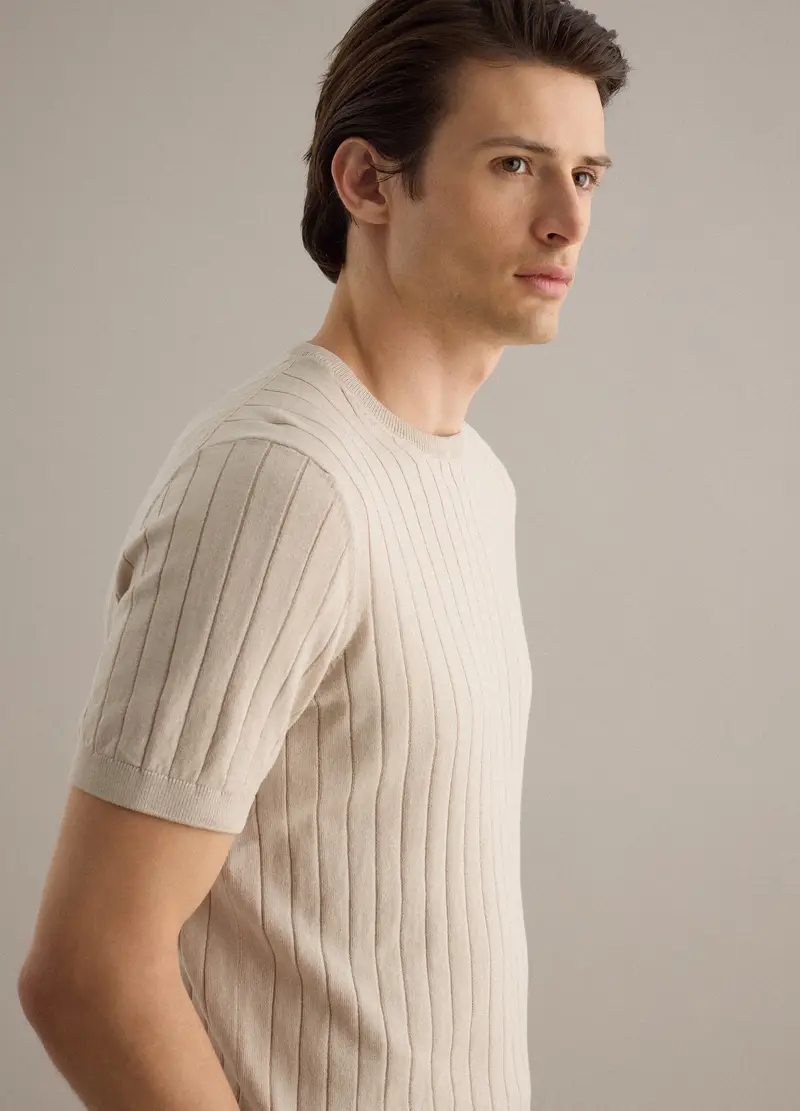 T-shirt In Puro Cotone Beige A Righe Regular Fit, Uomo, Beige miniatura 3