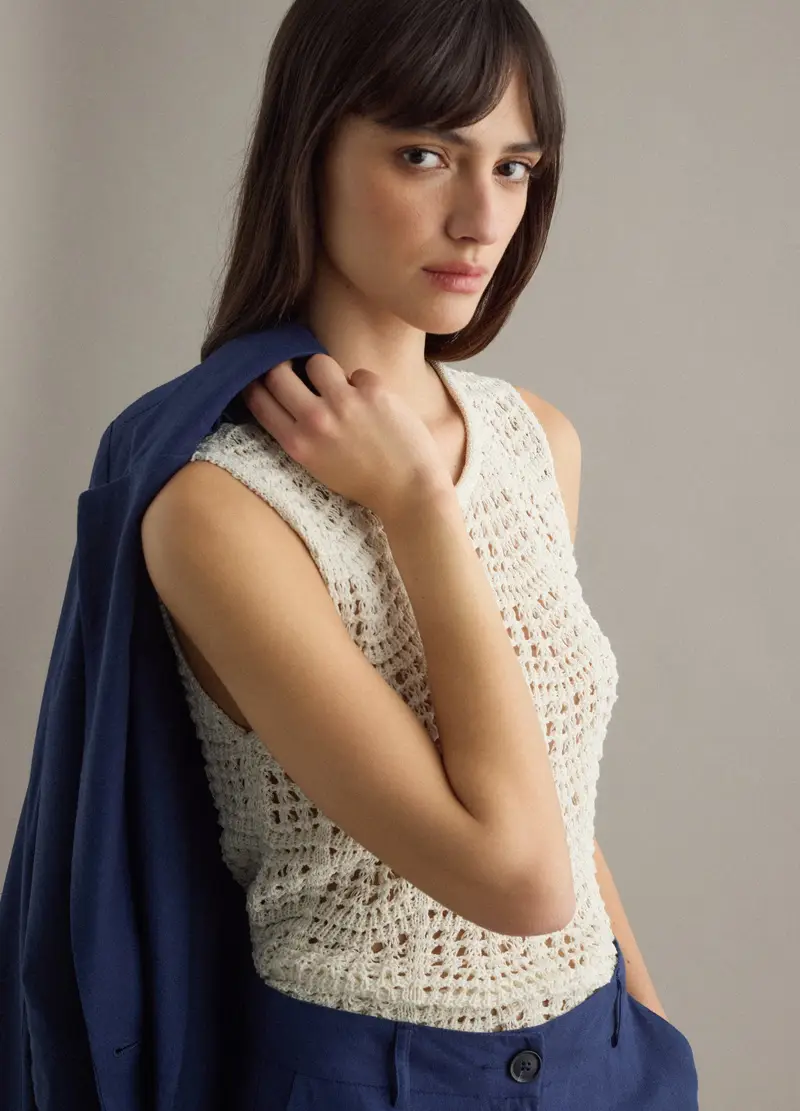 Tank Top In Crochet Di Misto Cotone Bianco Regular Fit, Donna, Bianco