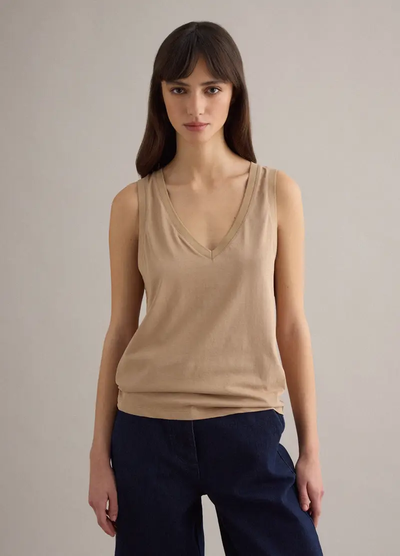 Tank Top In Misto Cotone Beige Regular Fit Con Scollo A V, Donna, Beige miniatura 3