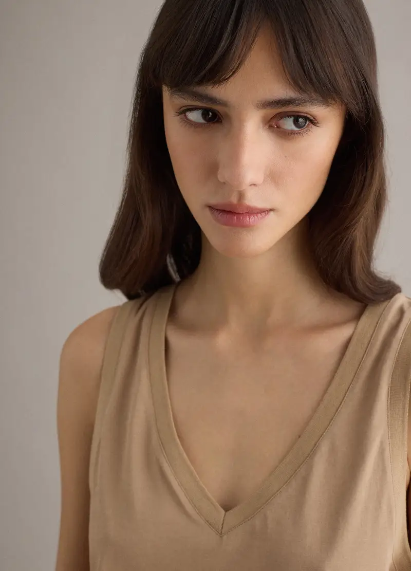 Tank Top In Misto Cotone Beige Regular Fit Con Scollo A V, Donna, Beige