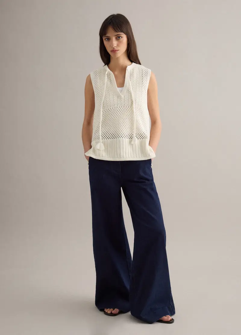 Tank Top In Puro Cotone Bianco Regular Fit Con Texture A Rete, Donna, Bianco miniatura 2