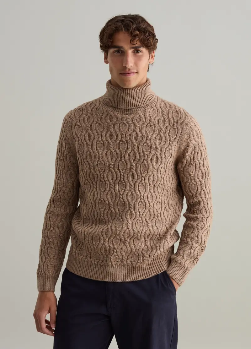 Dolcevita Beige In Misto Lana Con Lavorazione Ondulata, Uomo, Beige miniatura 2