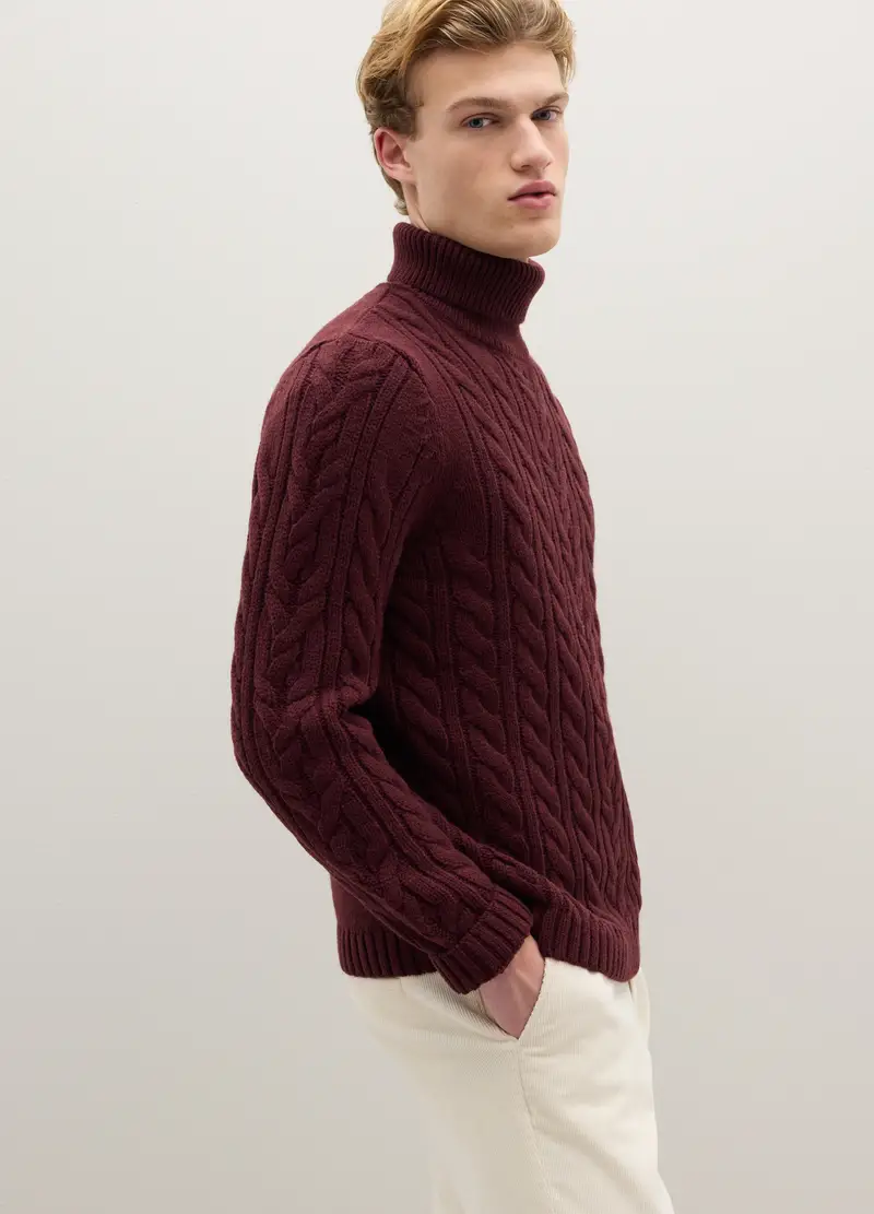 Dolcevita Bordeaux Con Design A Trecce In Misto Lana, Uomo, Rosso