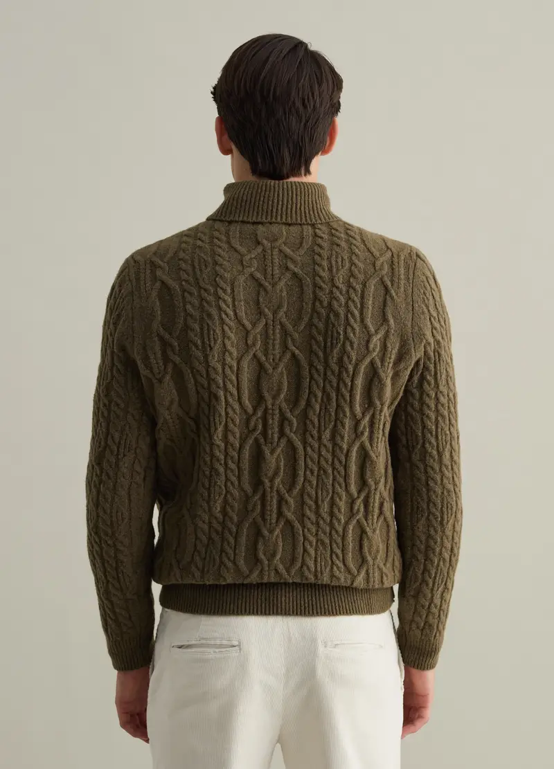 Dolcevita Verde Militare Con Trecce In Misto Cotone E Lana, Uomo, Verde miniatura 3