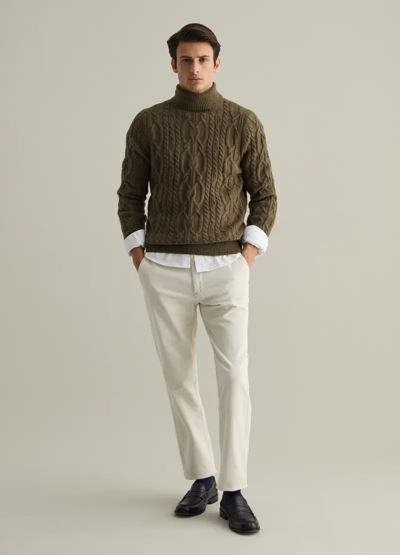 Dolcevita Verde Militare Con Trecce In Misto Cotone E Lana, Uomo, Verde