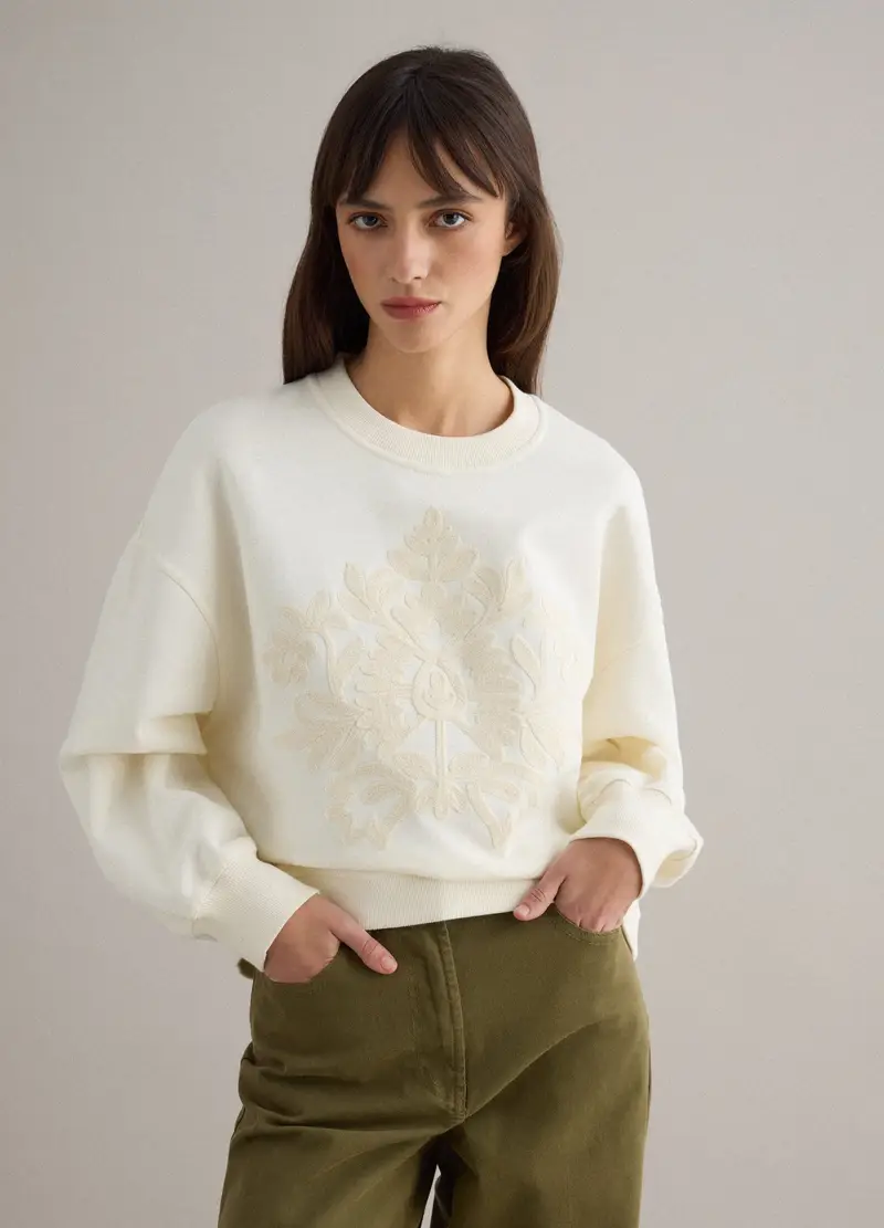 Felpa Girocollo In Misto Cotone Bianca Regular Fit Con Ricamo Floreale, Donna, Bianco miniatura 2