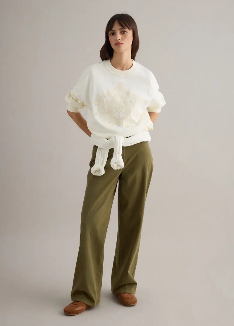 Felpa Girocollo In Misto Cotone Bianca Regular Fit Con Ricamo Floreale, Donna, Bianco