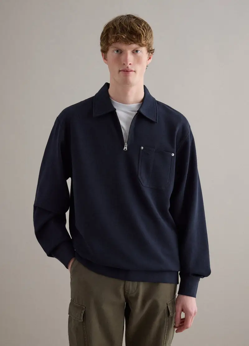 Felpa In Puro Cotone Blu Regular Fit Con Mezza Zip E Colletto, Uomo, Blu miniatura 2