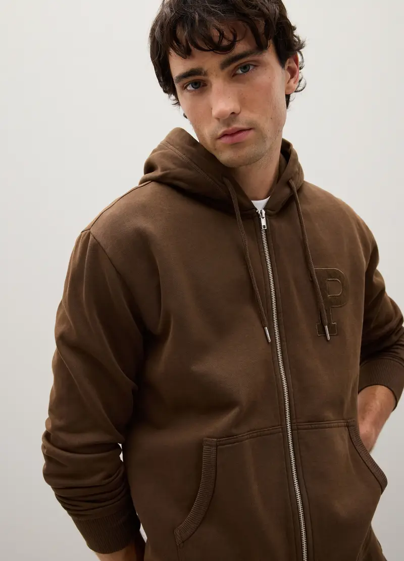 Felpa Marrone Con Cappuccio E Zip, Uomo, Marrone