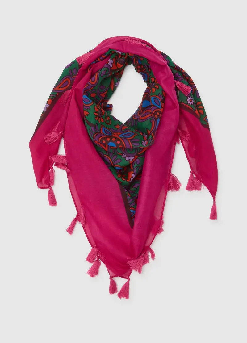 Foulard In Puro Cotone Multicolor Con Frange, Donna, Multicolor