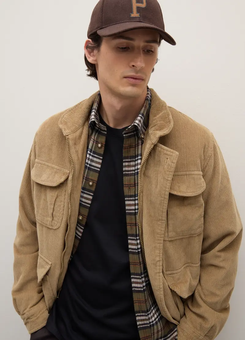 Giacca Beige In Puro Cotone Regular Fit Con Tasche E Zip, Uomo, Beige miniatura 2