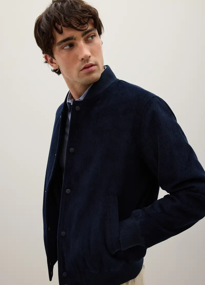 Giacca Bomber In Puro Cotone Blu Con Zip, Uomo, Blu miniatura 2