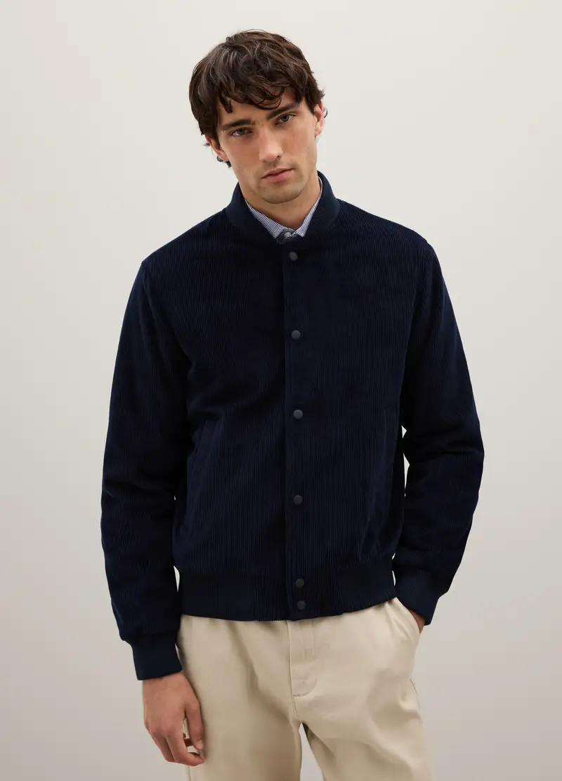 Giacca Bomber In Puro Cotone Blu Con Zip, Uomo, Blu miniatura 3