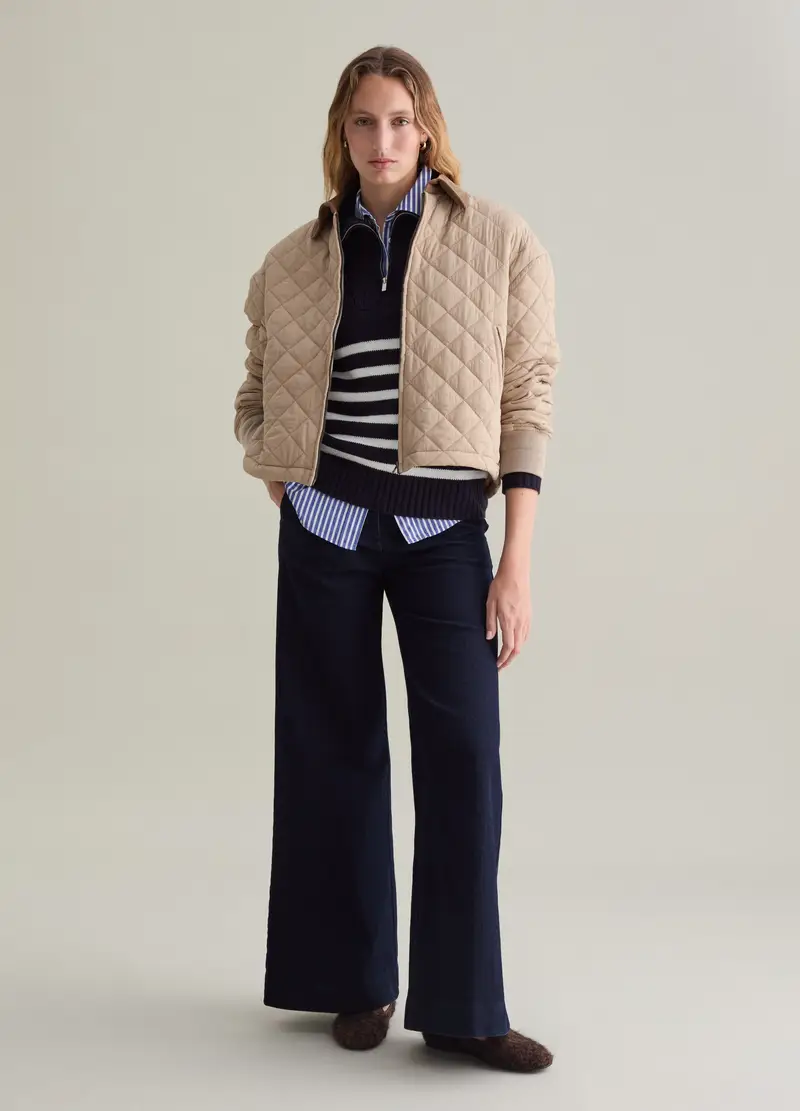 Giacca Corta Trapuntata Colletto In Corduroy, Donna, Beige