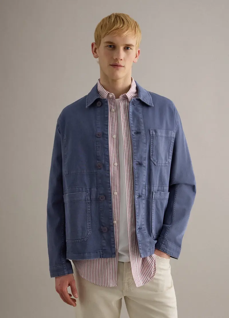 Giacca In Cotone Elasticizzato Blu Regular Fit Con Colletto E Bottoni, Uomo, Blu