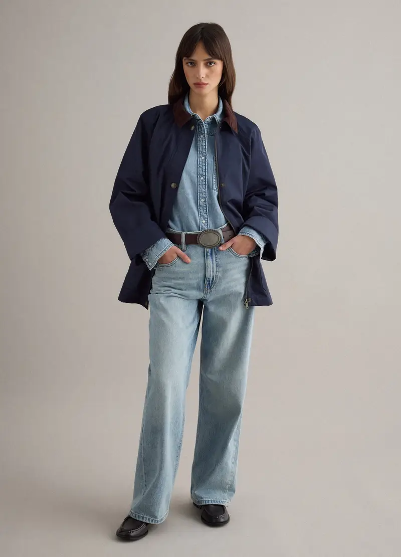 Giacca In Misto Cotone Blu Regular Fit Con Colletto A Contrasto, Donna, Blu