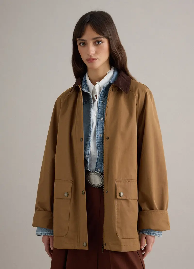 Giacca In Misto Cotone Marrone Regular Fit Con Colletto A Contrasto, Donna, Marrone miniatura 2