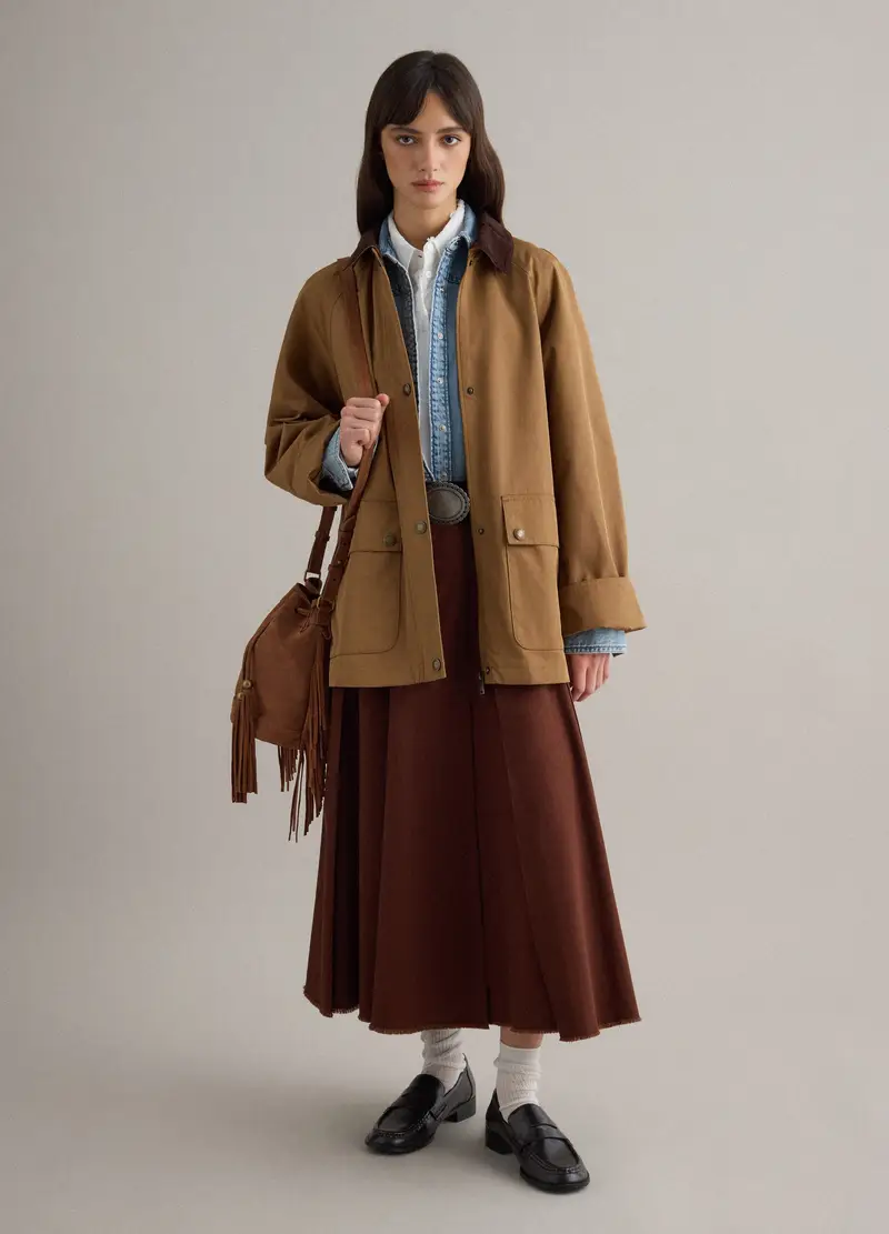 Giacca In Misto Cotone Marrone Regular Fit Con Colletto A Contrasto, Donna, Marrone