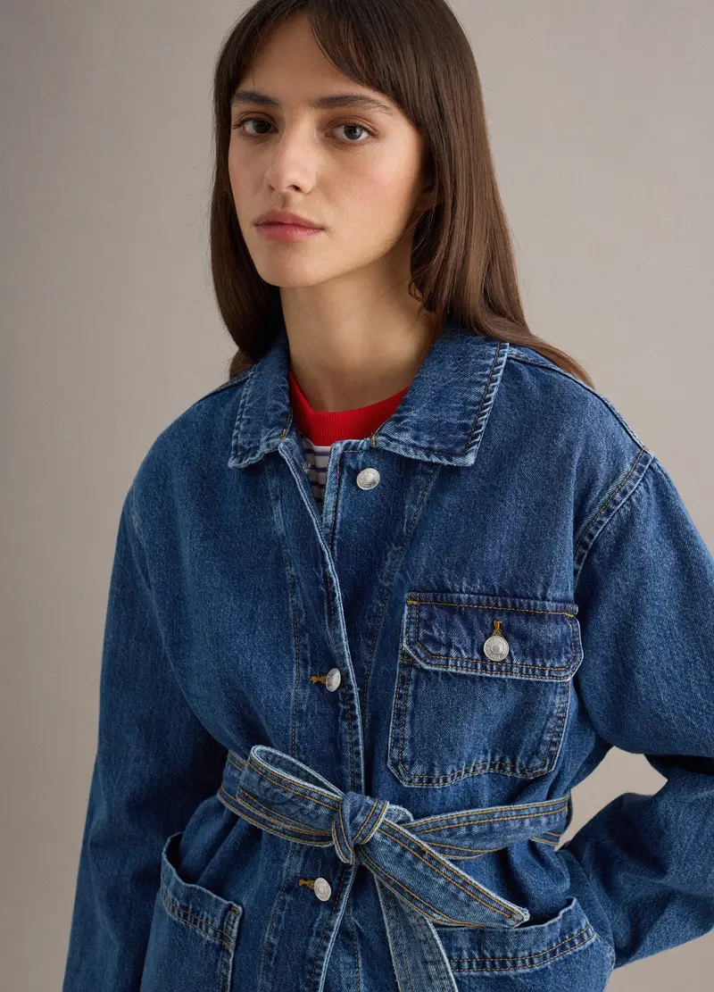Giacca In Puro Cotone Denim Blu Regular Fit Con Cintura, Donna, Denim